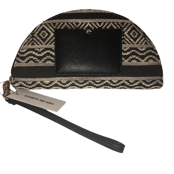 ELIZABETH & JAMES Vegan Leather Black & Cream Textile Halfmoon Wristlet Wallet - Picture 5 of 5